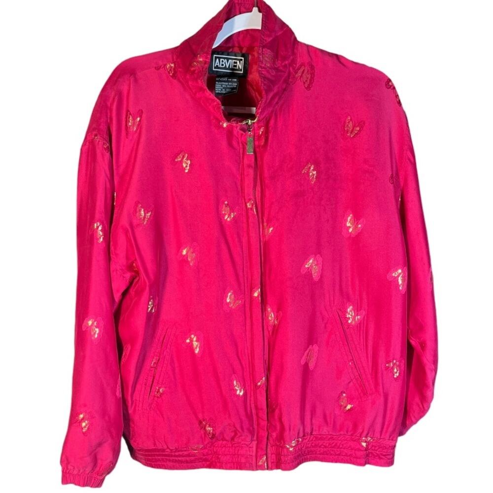 Abvien Vintage SILK Pink Gold Butterfly Bomber Jacket Barbie Zip Up Collared L